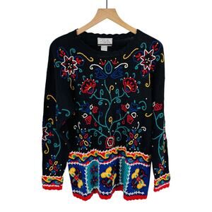Vintage Casual‎ Corner Embroidered Sweater Black Colorful Knit Floral Size S